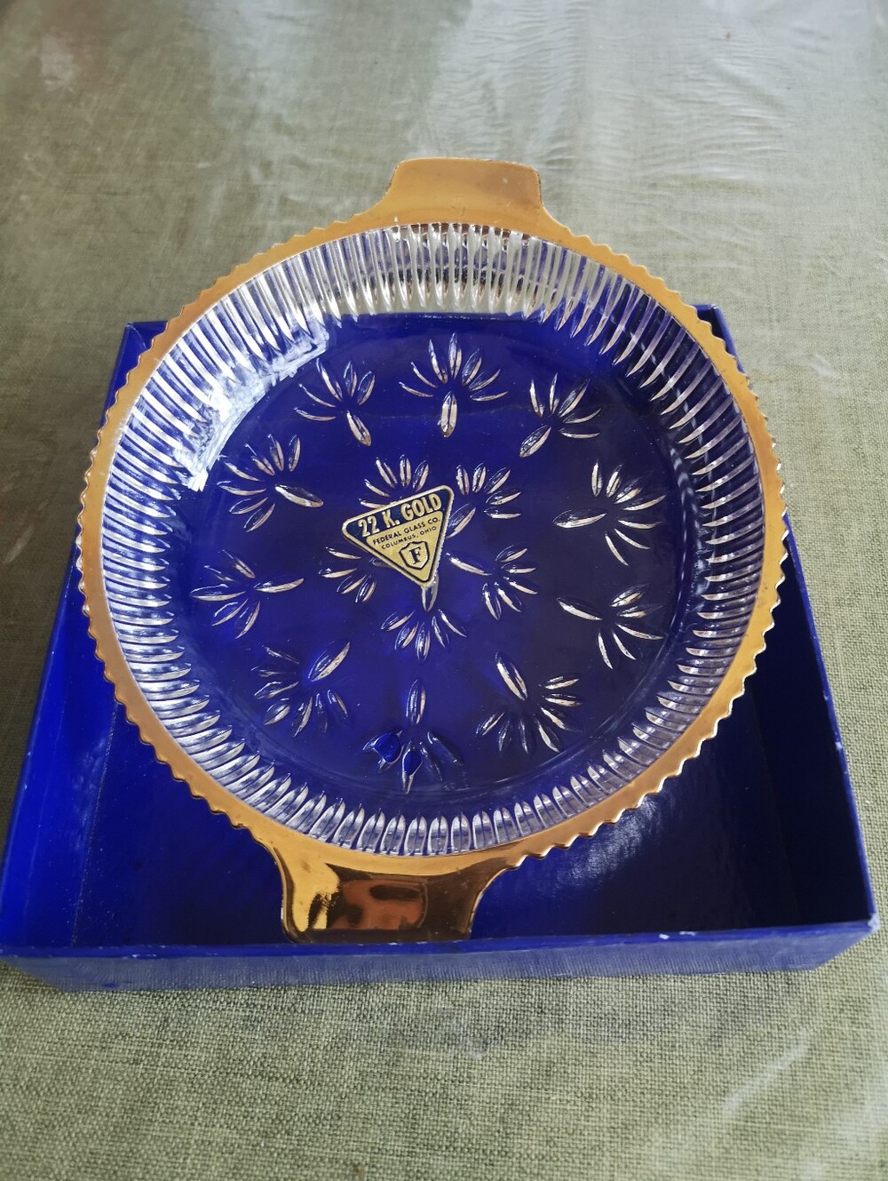 Vintage Federal Glass Co. 6" Round Clear Glass Candy Dish, 22K Gold Rim with Box